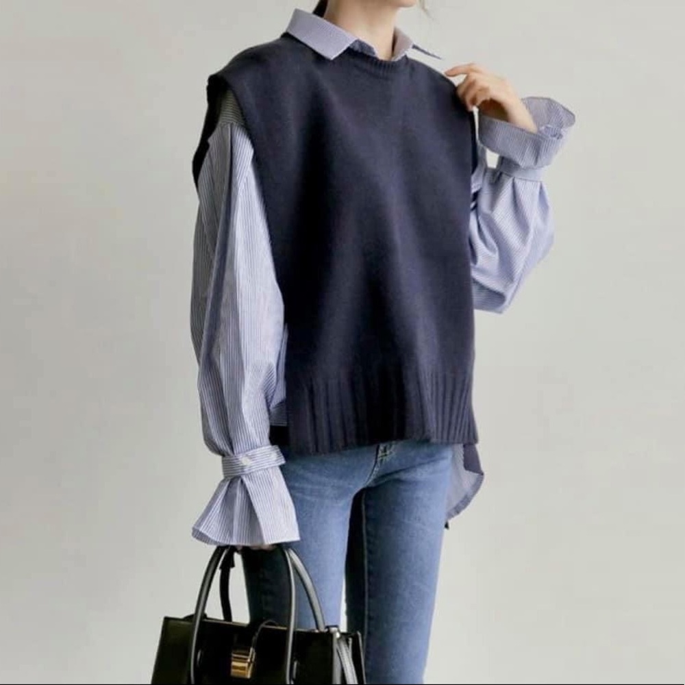 Pinstriped Shirt/Knit vest/Set